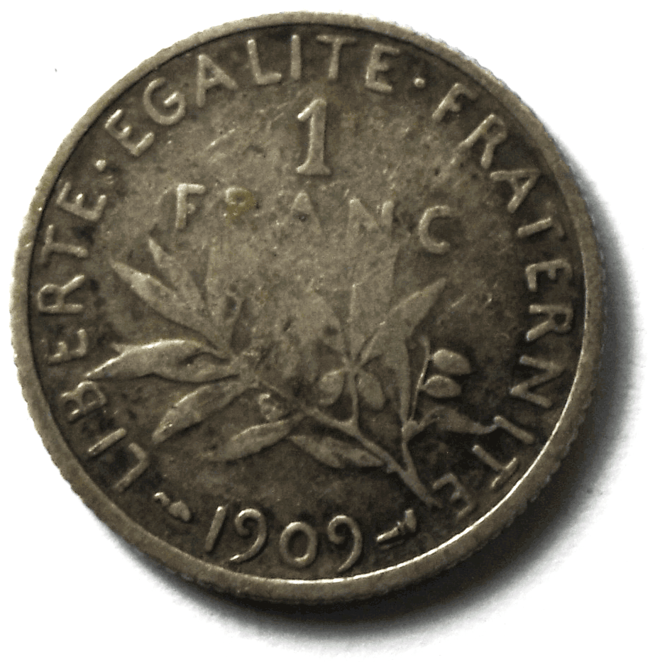 1909 France Silver One Franc Coin KM# 844.1