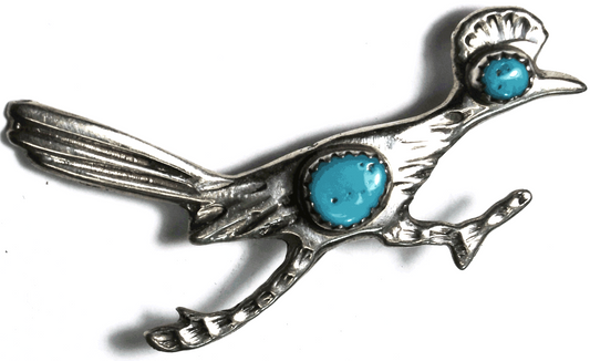 Sterling Silver Roadrunner Bird Double Turquoise Brooch Pin 51mm x 23mm