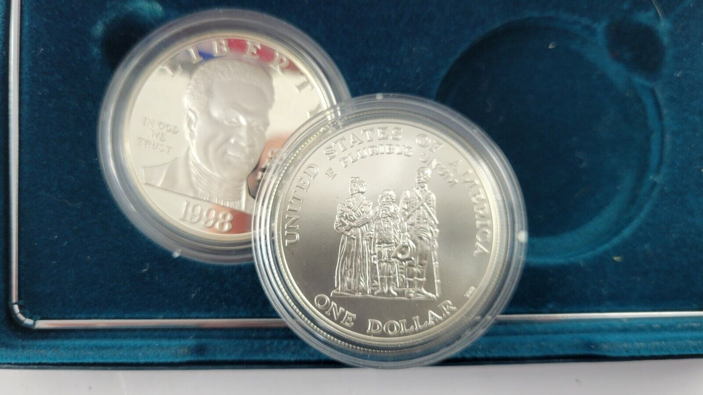 1998 S Black Revolutionary War Patriots Commemorative 2pc Silver Dollar Coin Set