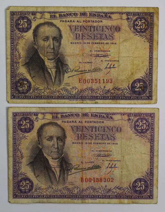 2- 1948 Spain 25 Twenty Five Pesetas Banknotes