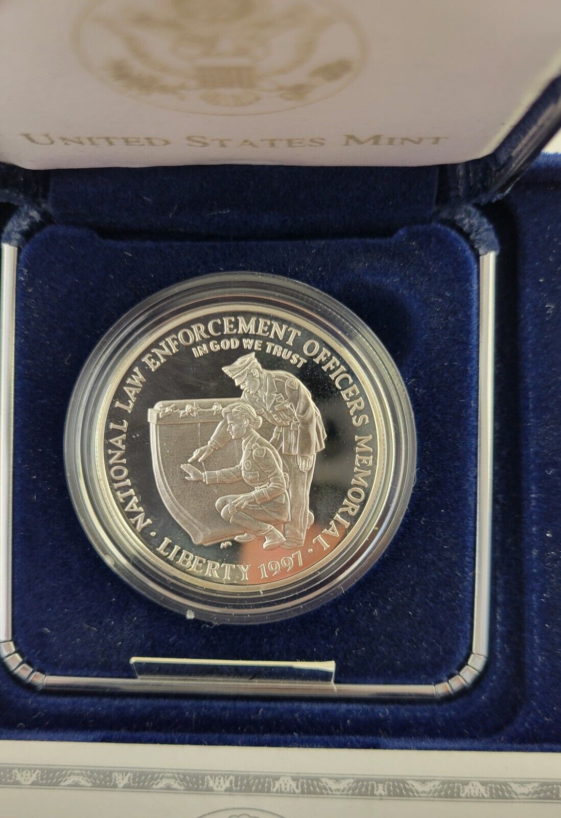 1997 P $1 Law Enforcement Proof U.S. Commemorative Silver Dollar w/Box & Paper