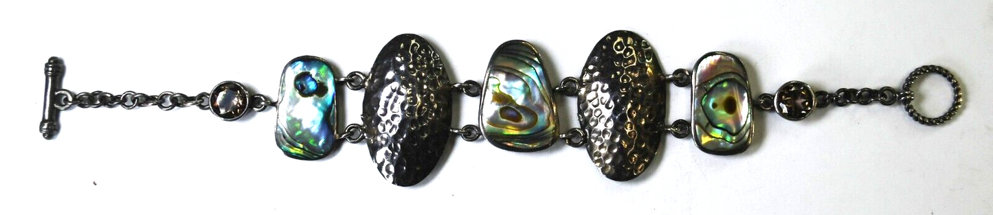 Sterling Silver CFJ Abalone Hammered Chain Toggle Bracelet 16mm  7"