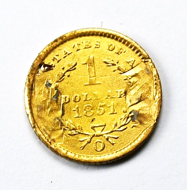 1851 O $1 Liberty Head One Dollar Gold Type 1 New Orleans Damaged Reverse