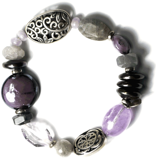 Sterling Silpada Canyon Amethyst Feldspar Pearl Stretch Small Bracelet B2085