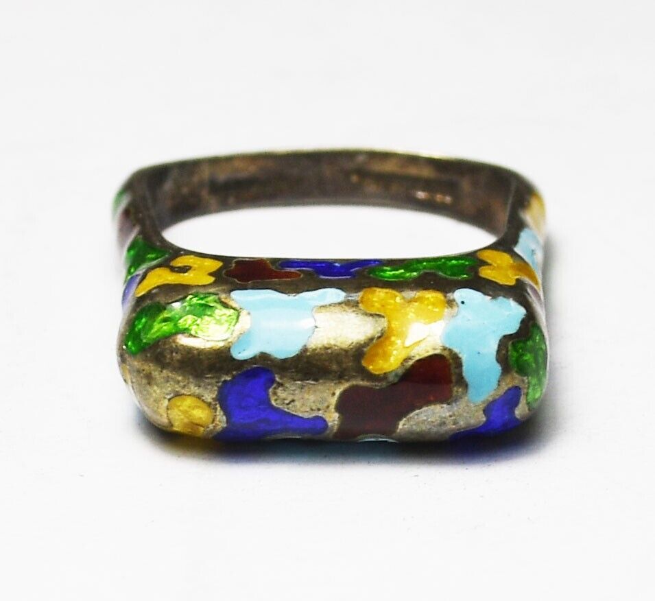 Sterling Silver Colorful Enamel Square Ring 7mm Size 6