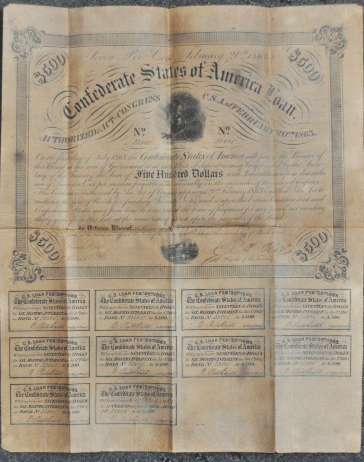 1863 $500 Five Hundred Confederate States of America Loan Charles Rose