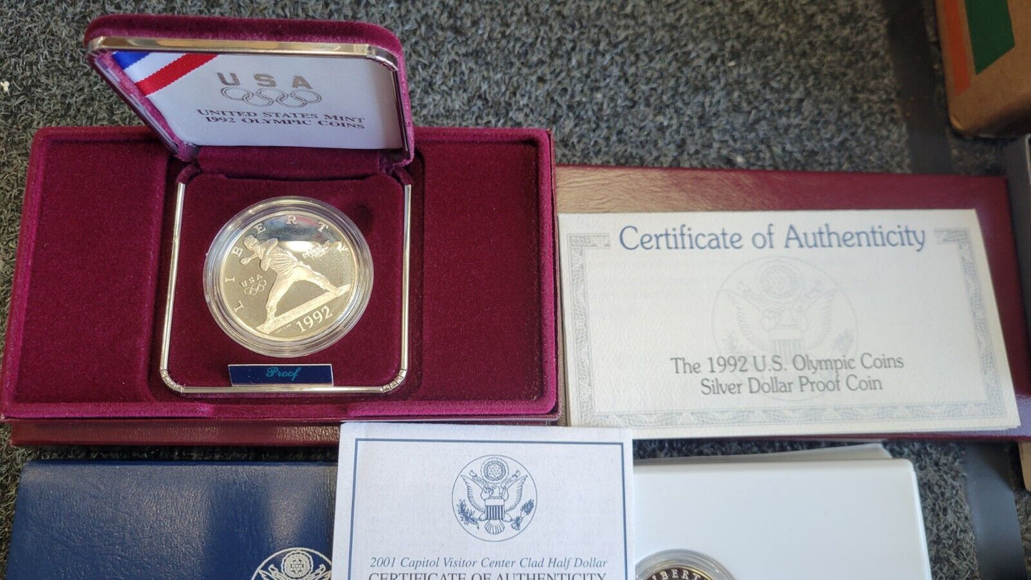 6 Commemorative US MINT Boxed Leif, Ellis, Capitol, Olympic, WWII 50TH, Rushmore