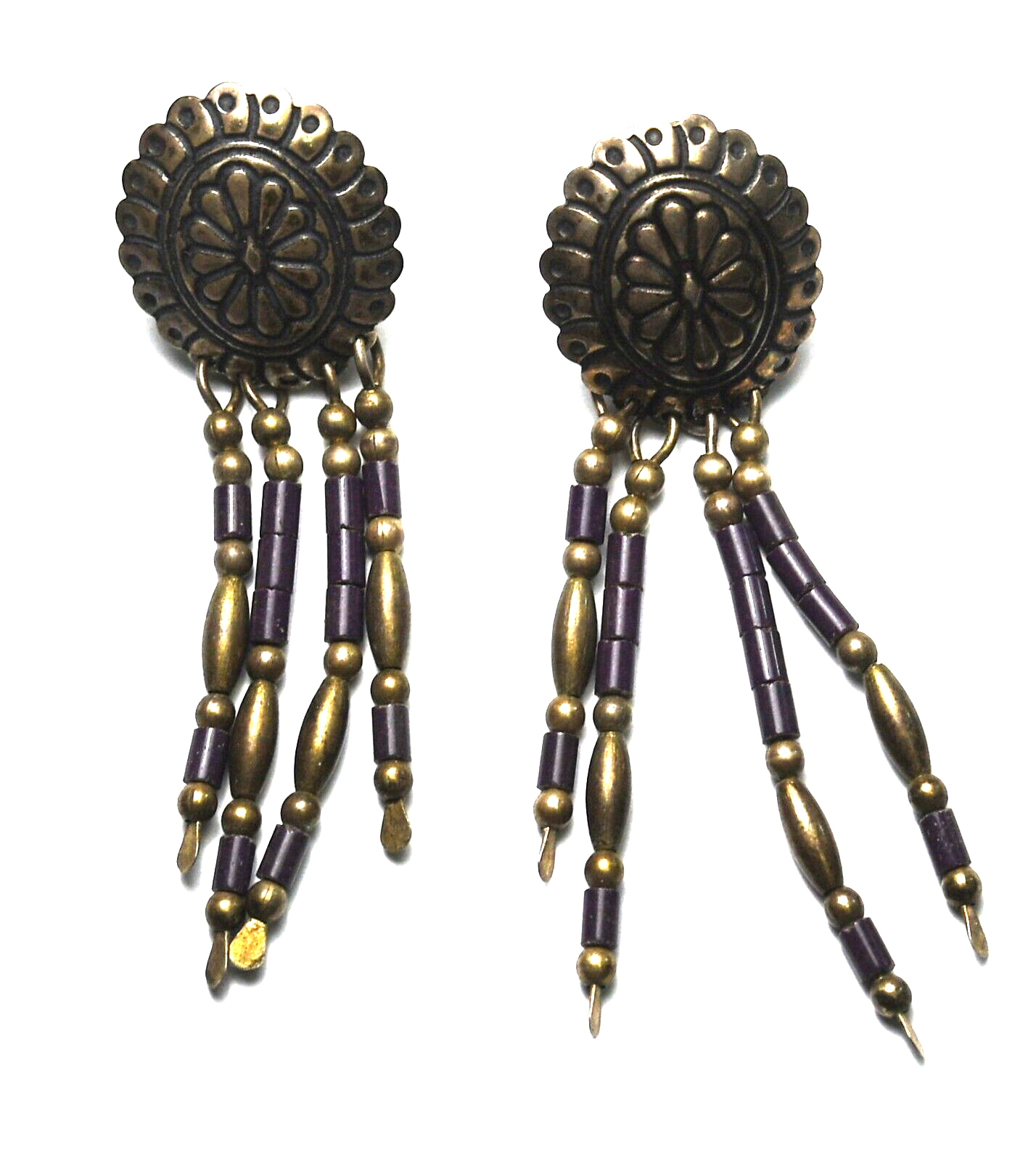 Sterling Silver Concho Purple Bead Dangle Earrings 47mm x 15mm