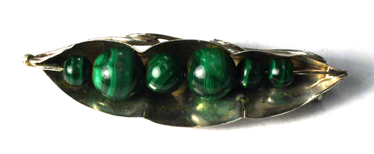 Sterling Silver GFMW Peapod Malachite Brooch Pin 62mm x 17mm