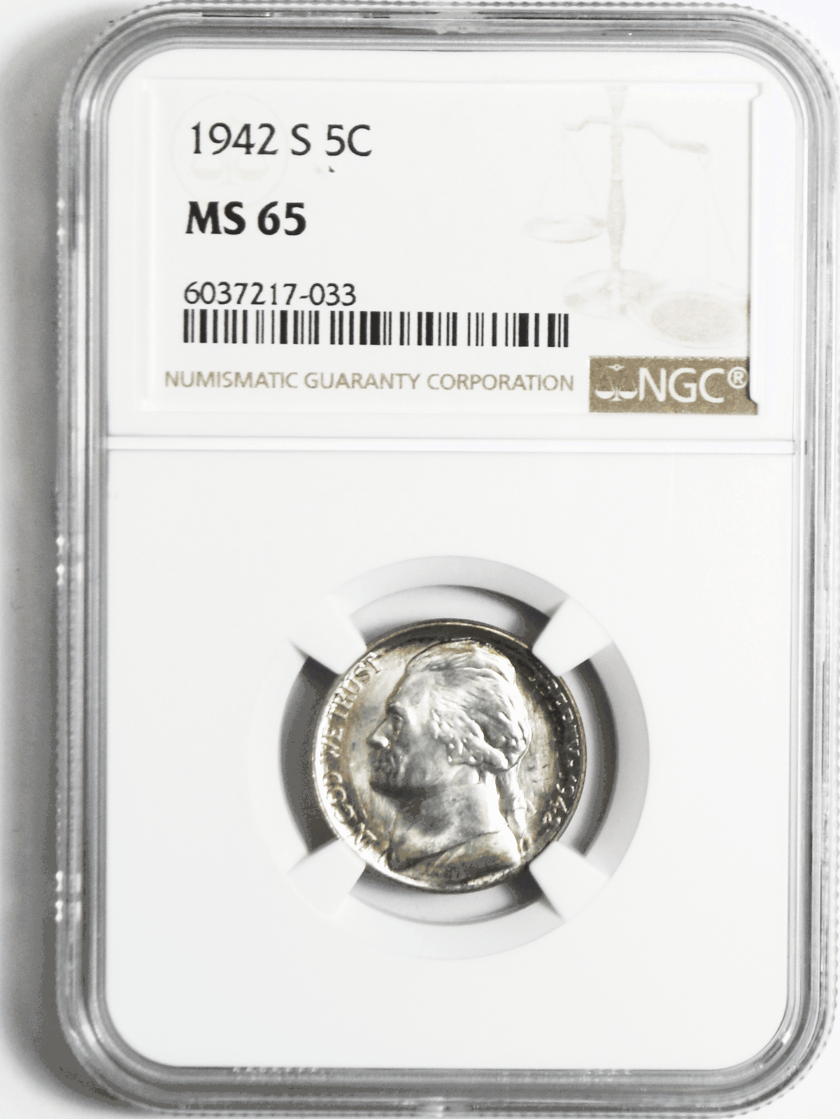 1942 S 5c Jefferson Silver War Time Nickel Five Cents NGC MS65