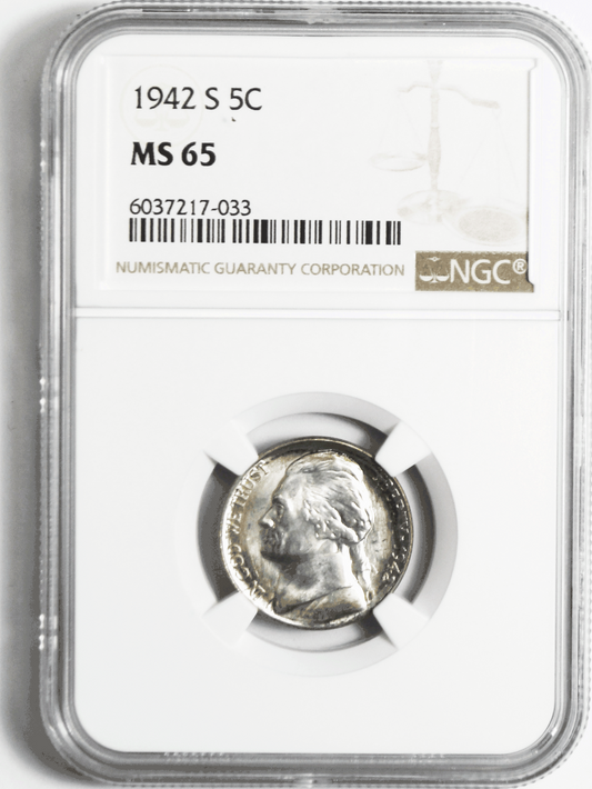 1942 S 5c Jefferson Silver War Time Nickel Five Cents NGC MS65