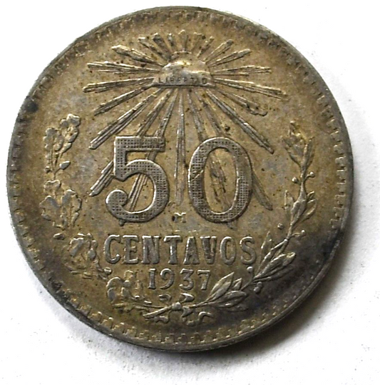 1937 Mexico Estados Unidos Mexicanos Fifty 50 Centavos Silver Coin KM# 447