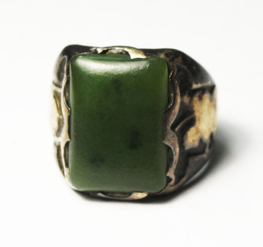 Antique Ostby Barton Silver 2 Tone Biker Rectangle Green Jade Ring 22mm Size 11