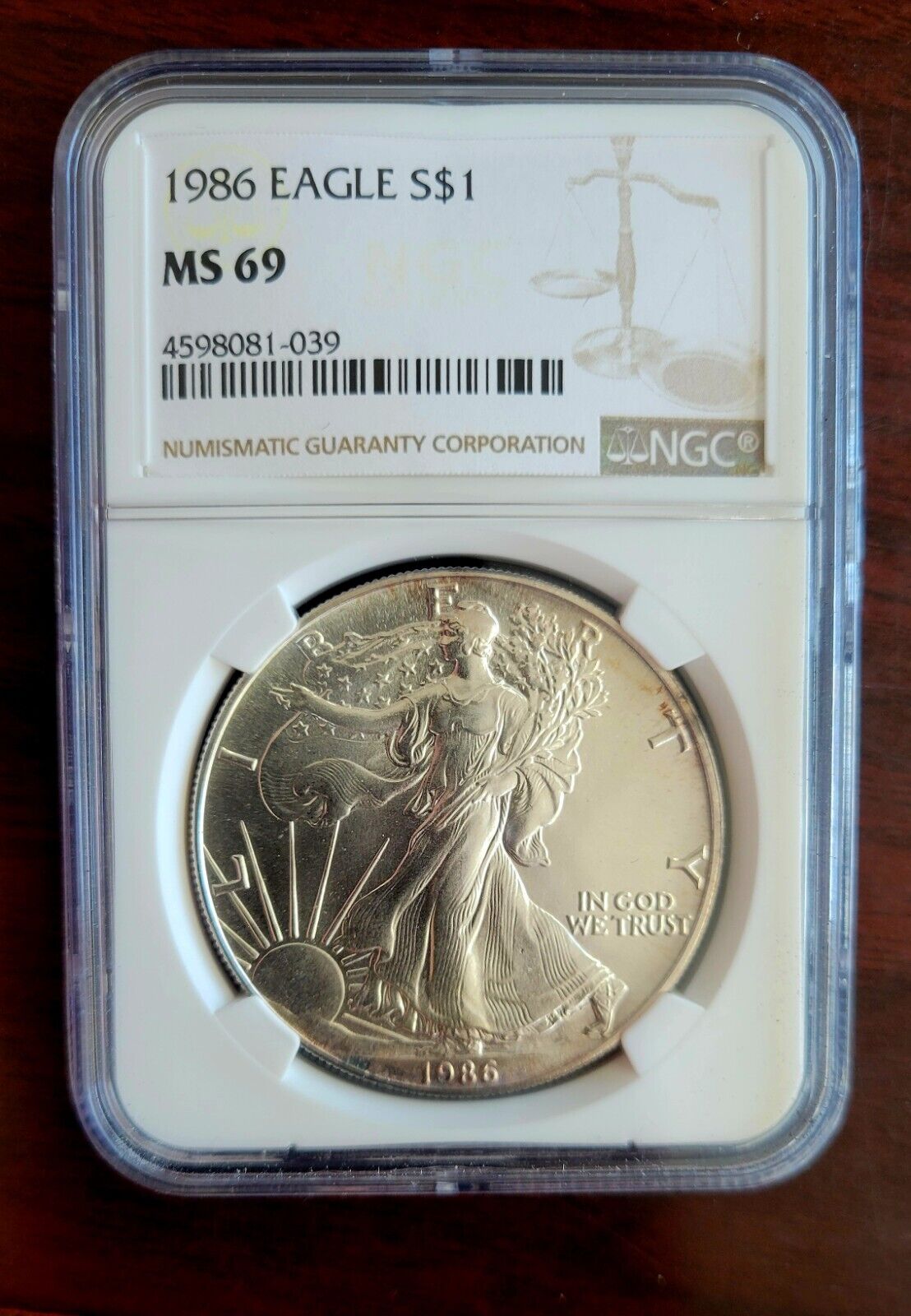 1986 $1 Silver Eagle NGC MS69 Dollar Brown Label Holder .999 Fine Silver 1oz.