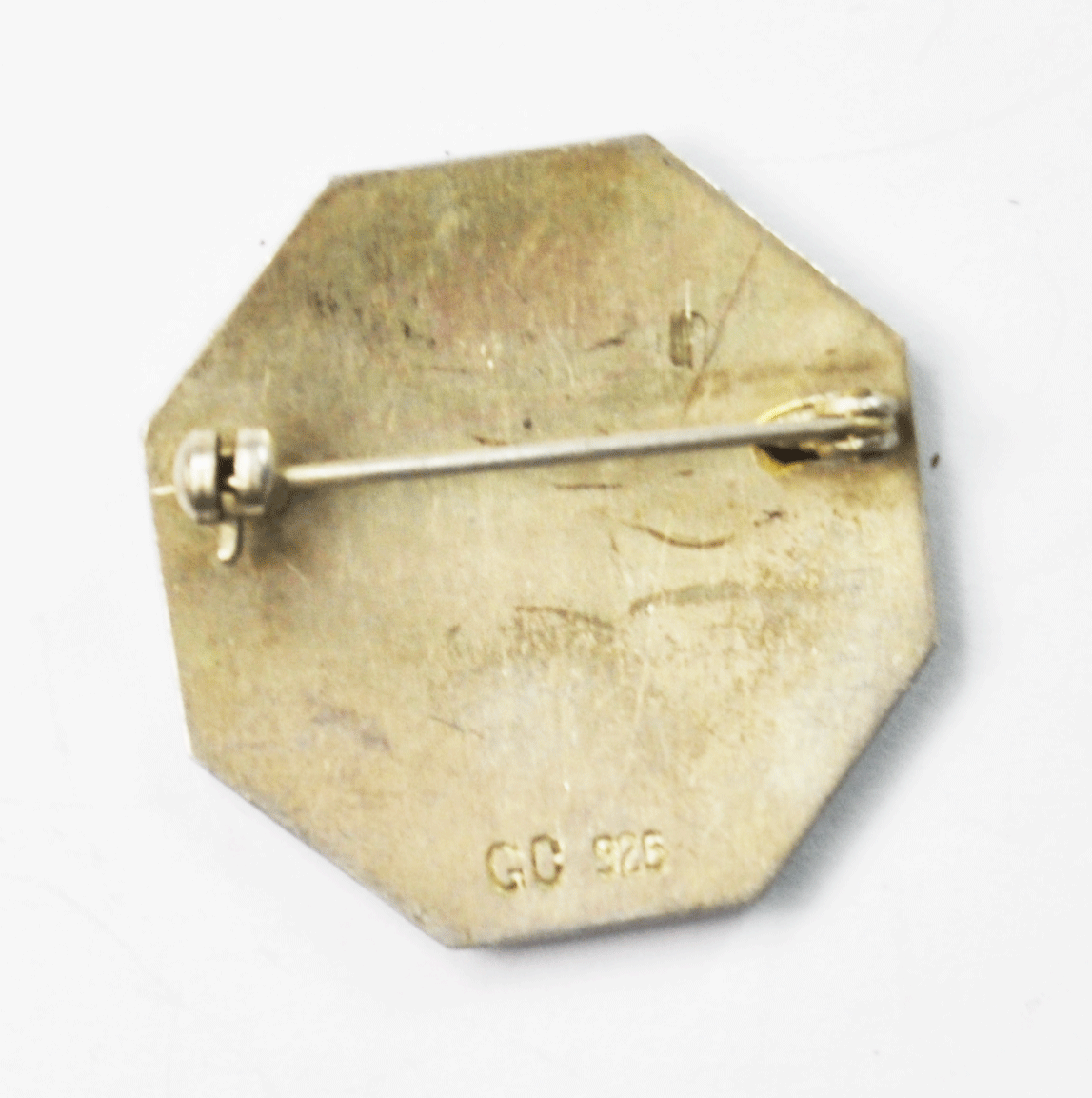 Sterling Silver Aztec Octagon Embossed Brooch Pin GC Signed 29mm