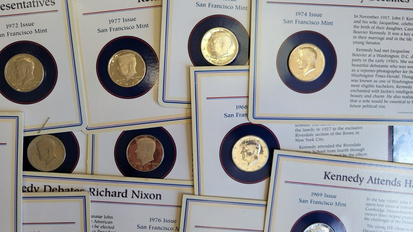 17pc. Set Of Kennedy & Franklin Half Dollar Coin & Stamp Carded Collection