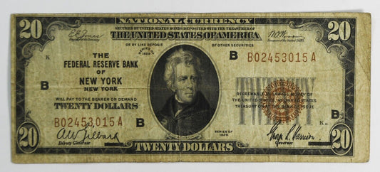 1929 $20 FRBN Federal Reserve Bank Note New York B02453015A