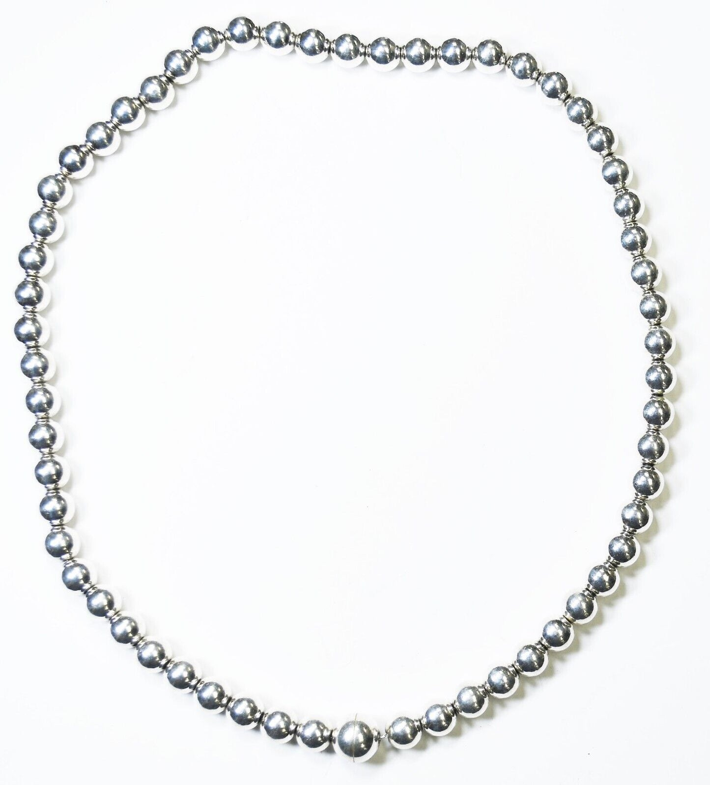 950 Silver Round Beaded 8mm Necklace 18" 10mm Magnetic Hidden Clasp