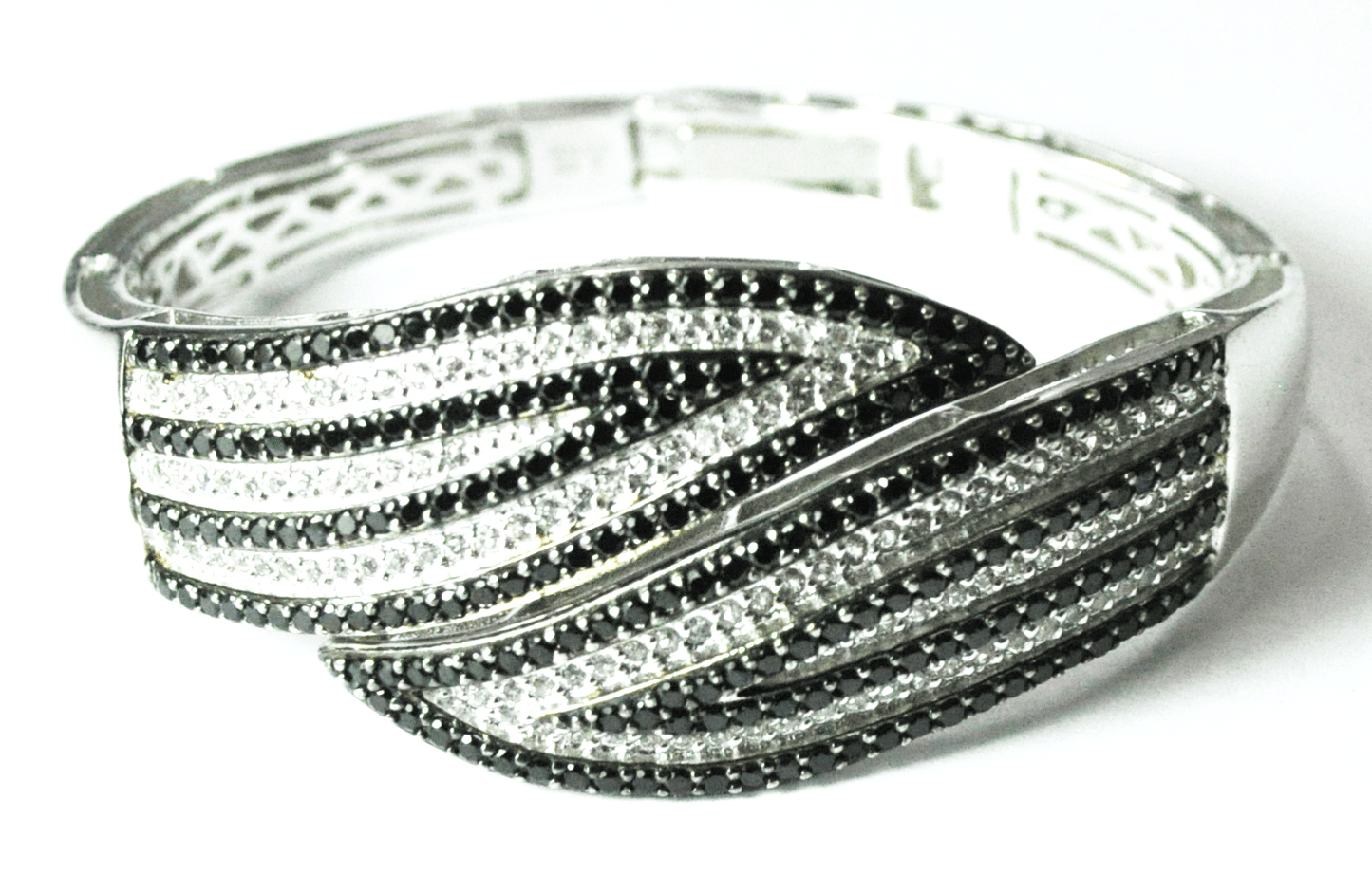 Sterling Thailand Black & Clear CZ Stripe Hinged Bangle Bracelet 30mm 7" Wrist