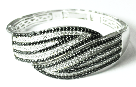 Sterling Thailand Black & Clear CZ Stripe Hinged Bangle Bracelet 30mm 7" Wrist