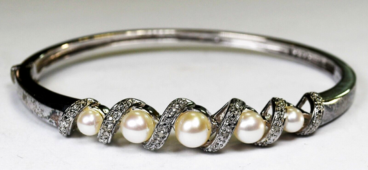 Sterling Silver Pearl CZ Hinged Bangle 9mm Bracelet