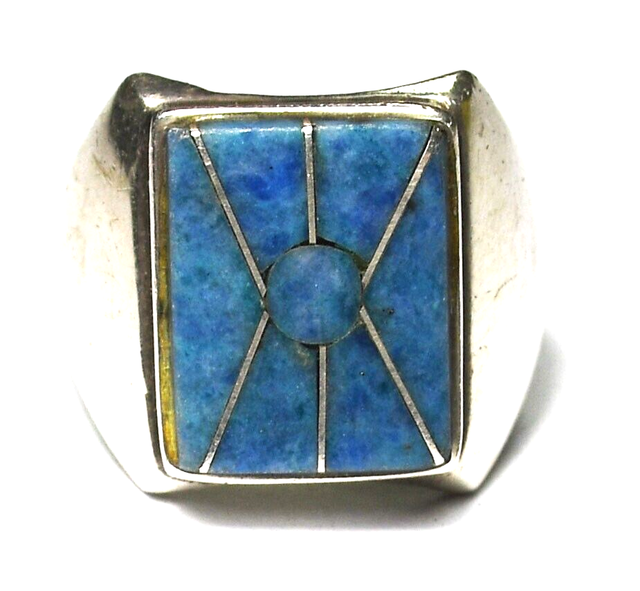 Sterling Silver Rectangle Blue Speckled Stone Inlay Ring 18mm Size 9.5