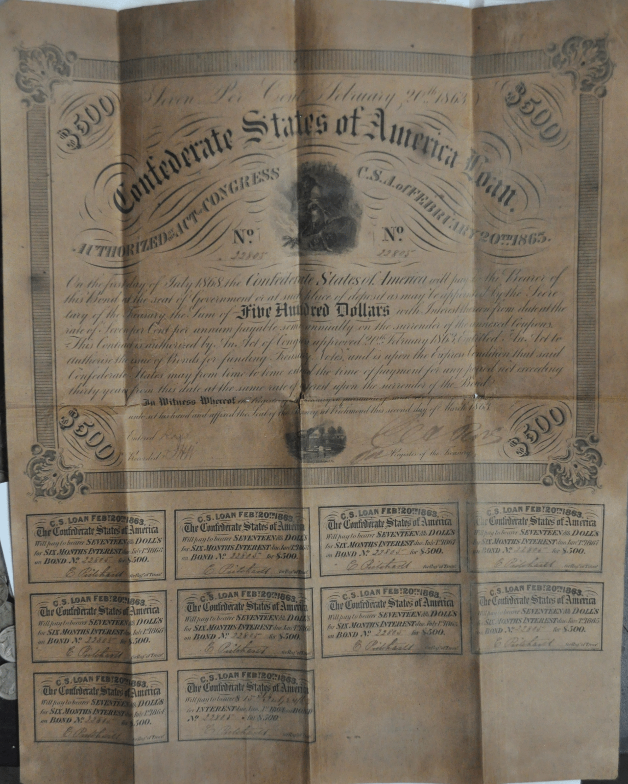 1863 $500 Five Hundred Confederate States of America Loan Charles Rose