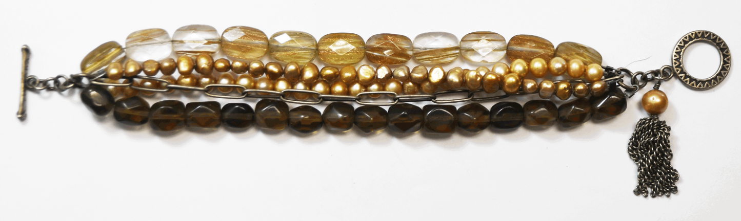 Silpada Sterling Pearl Smoky Quartz Sunstone 5 Strand Toggle 8" Bracelet B1412