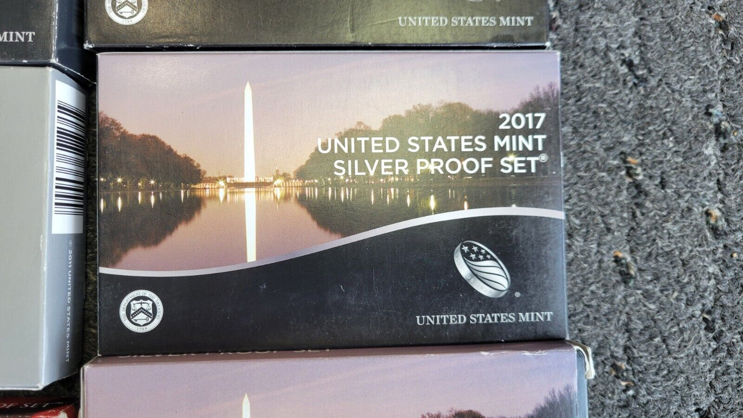 9 Set Lot Of US Mint Silver Proof Sets 1999, 2009, 2016, 2017, 2019, 2012, 2014