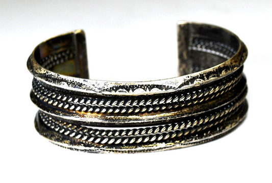Sterling Vintage Tahe Signed 7 Part Etched Rays Cuff 22mm Bracelet 6.5" Wrist