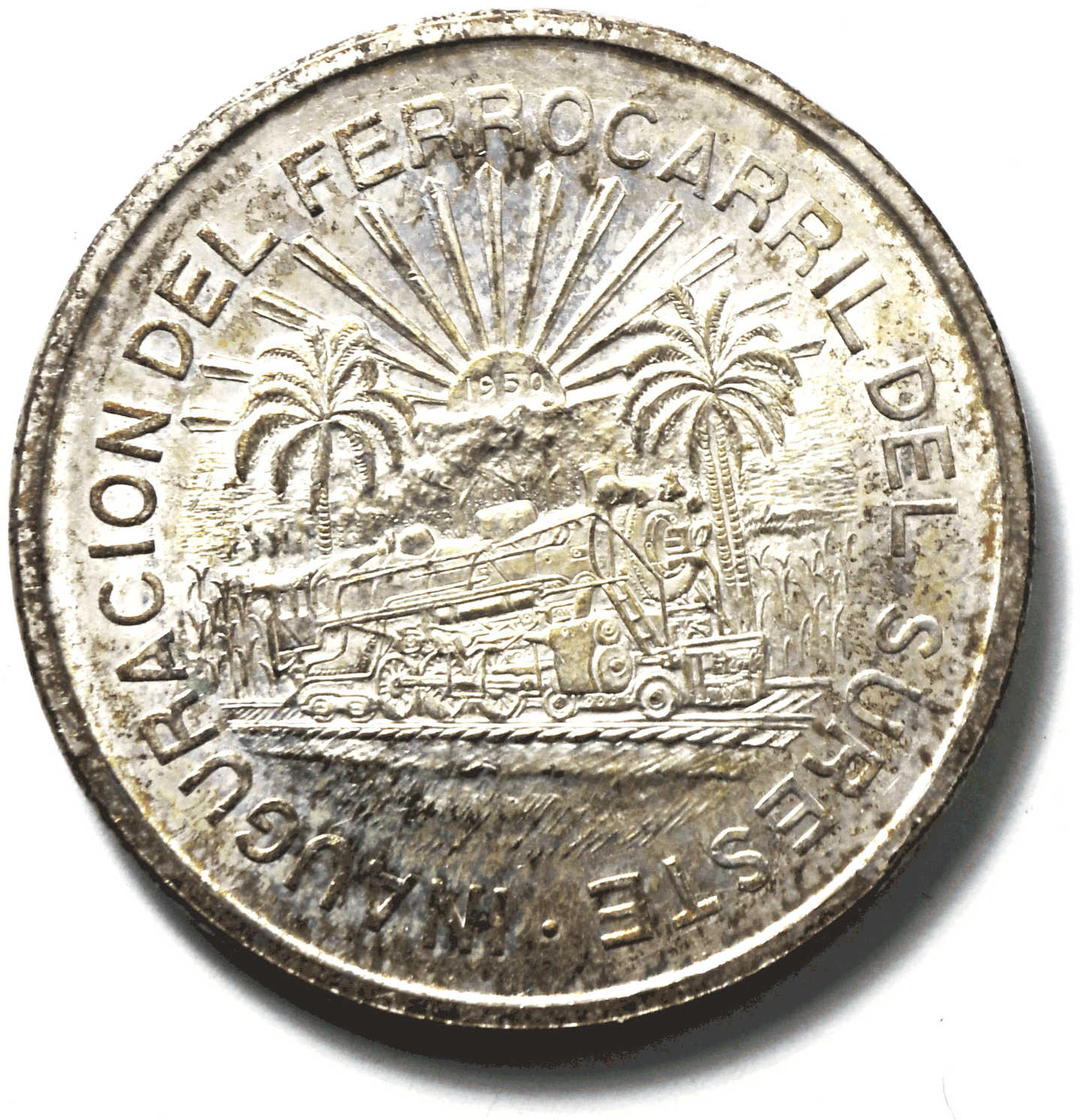 1950 Mexico Silver 10 Pesos Coin KM#466 Uncirculated Southeastern Railroad