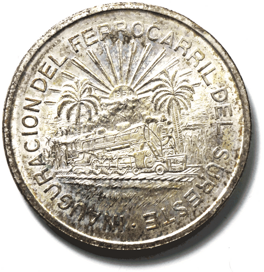 1950 Mexico Silver 10 Pesos Coin KM#466 Uncirculated Southeastern Railroad