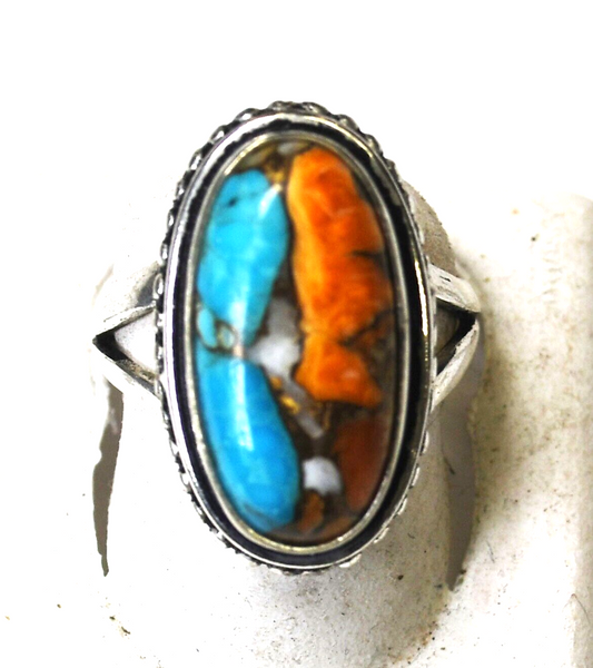 Sterling Silver Oval Turquoise Spiny Oyster Ring 24mm Size 8.5
