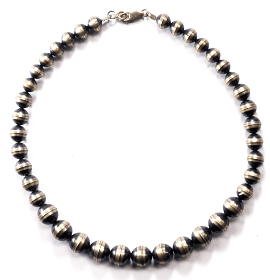 Sterling Two Tone Black & Silver Handmade Bead Necklacce Graduated 9-12mm 16"
