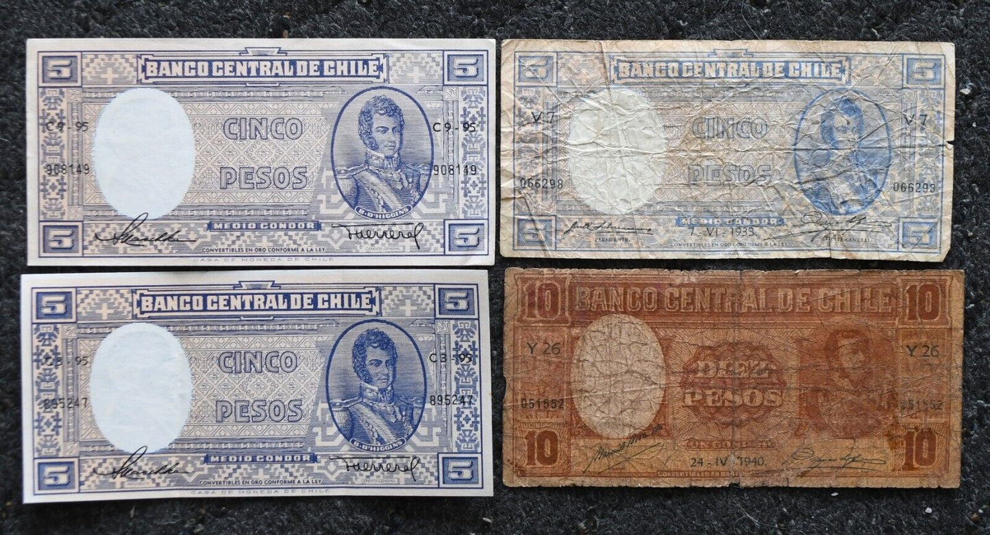 4- Chile Five & Ten 5 10 Pesos Banknotes 1933-58