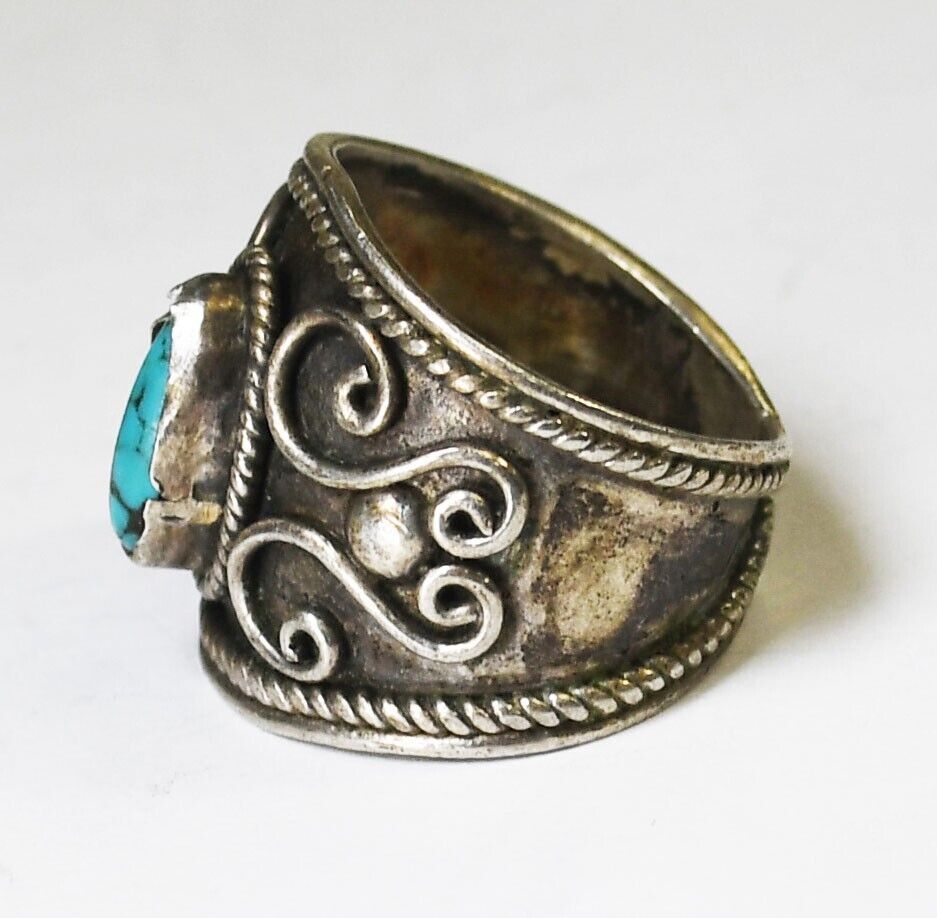 Sterling Silver Turquoise Scroll Ring 18mm Size 6.5