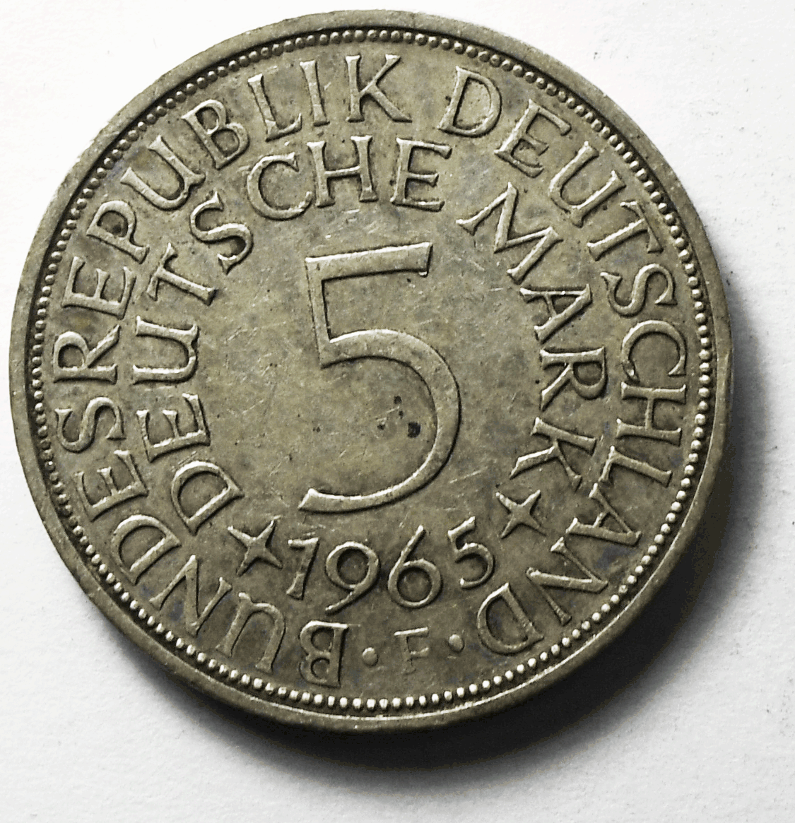 1965 F Germany Federal Republic 5 Five Marks Silver Coin KM# 112.1