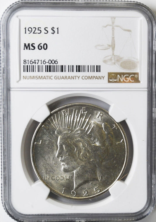 1925 S $1 Peace Silver One Dollar US NGC MS60 San Francisco