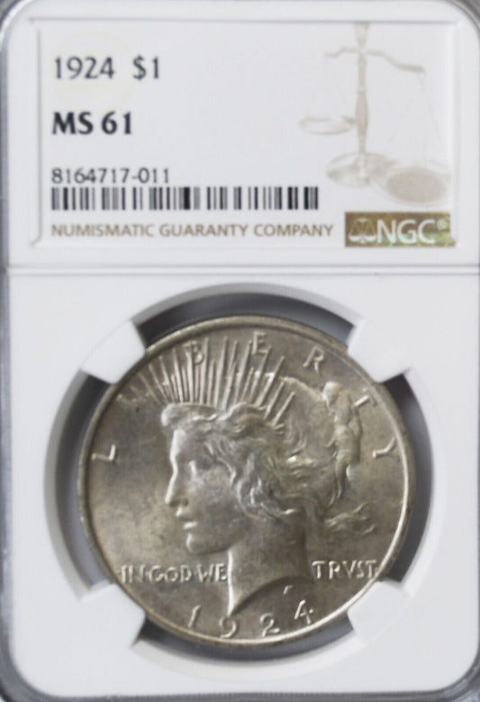 1924 $1 Peace Silver One Dollar US NGC MS61 Philadelphia