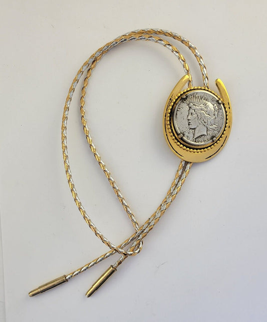 Vintage Silver Peace Dollar w/Two Tone Cord Bolo Tie w/ Bullet Shape Tips