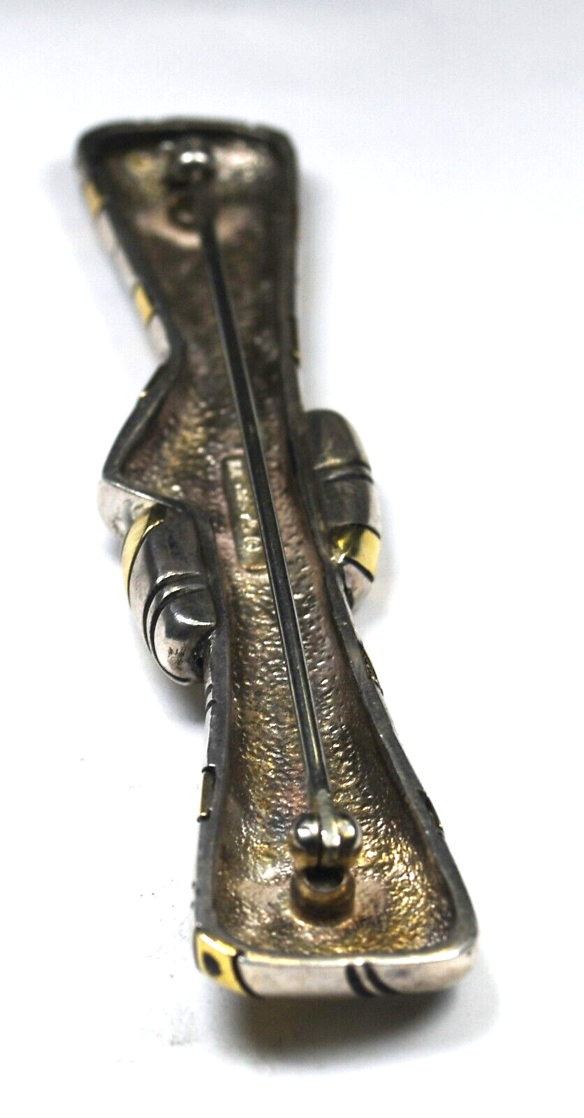 Michael Bondanza Sterling & 18k Striped Bow Tie Knot Brooch Pin 3.25" x 18mm