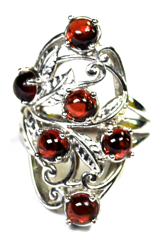 Karis 6 Garnet Filigree Floral Silver Tone Ring 33mm Size 8