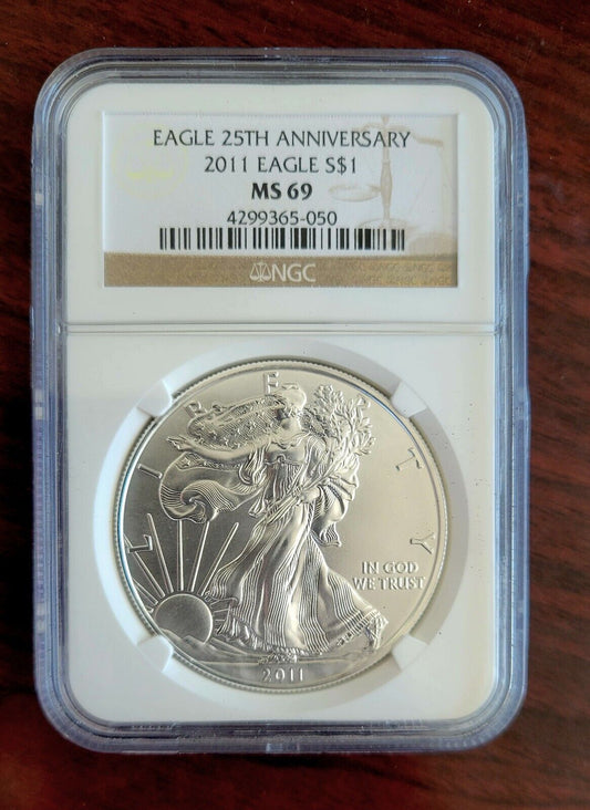2011 $1 Silver Eagle MS69 25th Anniversary Dollar. 999 Fine Silver 1oz.