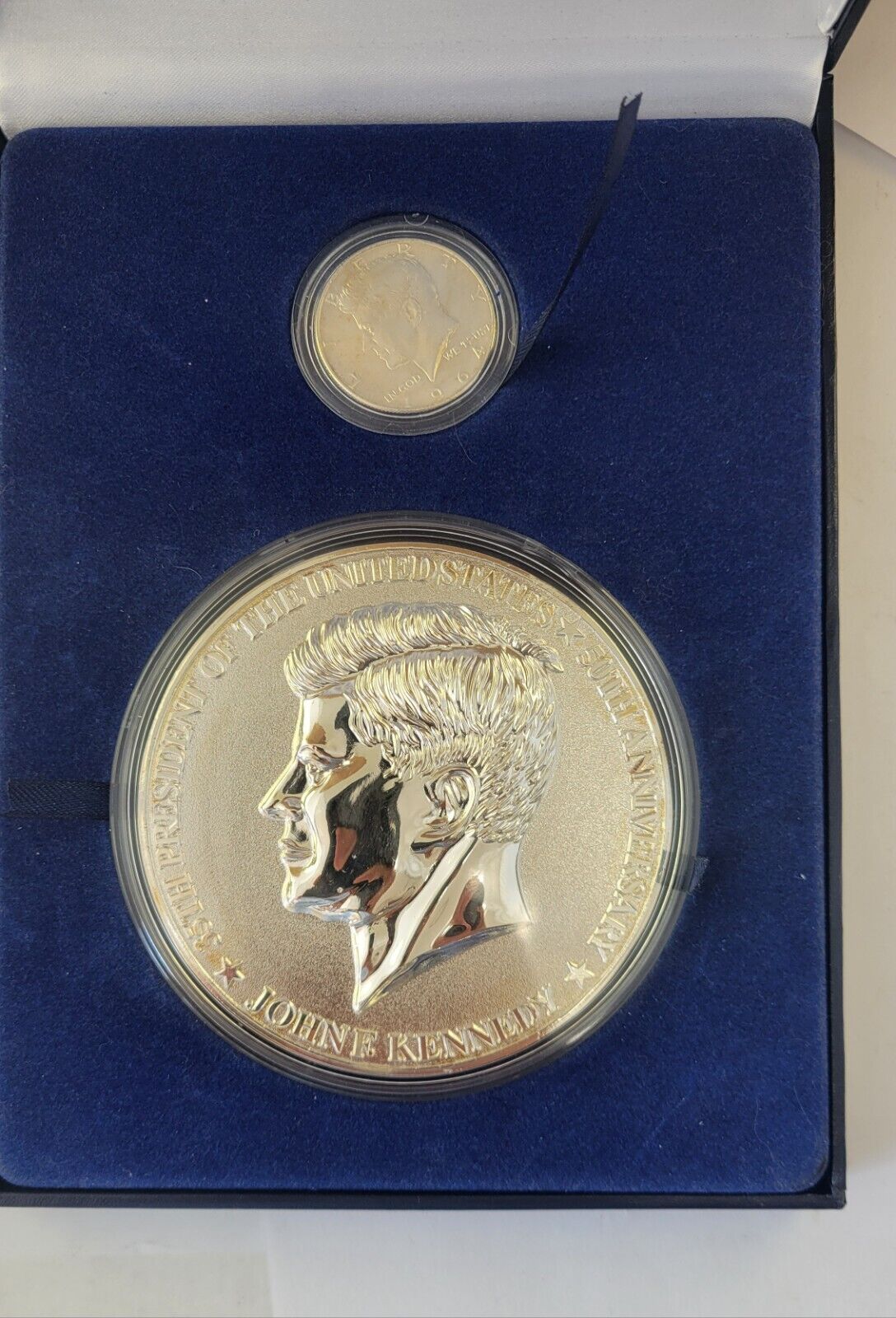 John F Kennedy Half Pound Silver Plated Commemorative w/1964 90% Half Dollar