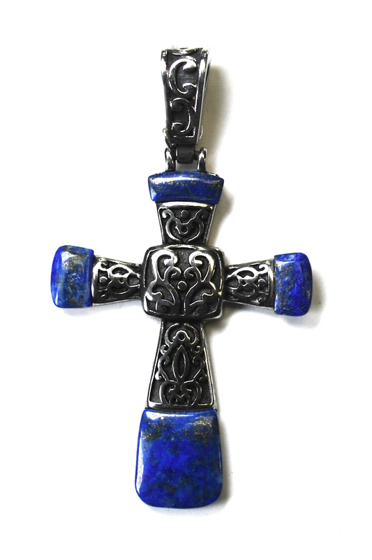 Stainless Steel Blue Lapis Cross Pendant 71mm x 40mm Openable Magnetic Bale