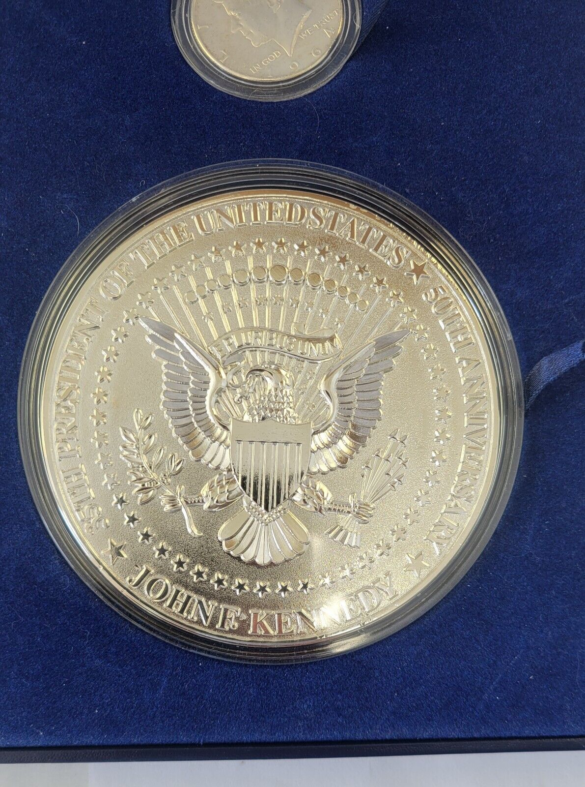 John F Kennedy Half Pound Silver Plated Commemorative w/1964 90% Half Dollar