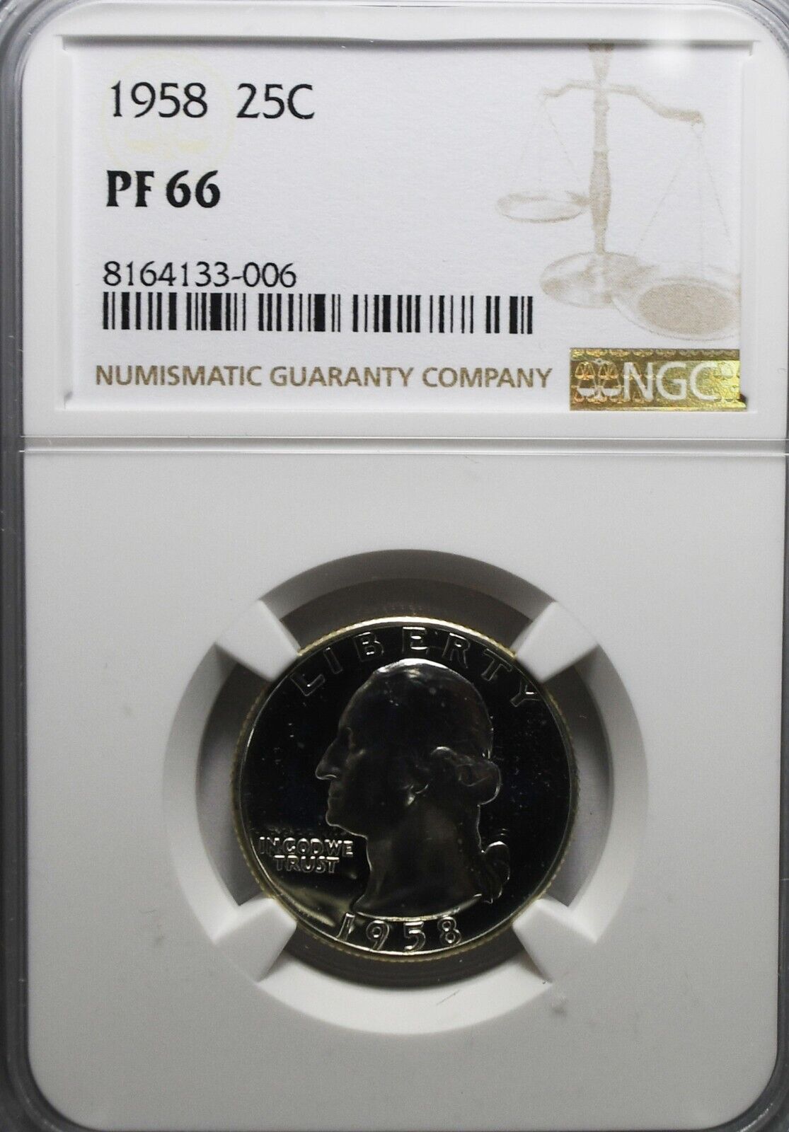 1958 25c Washington Proof Silver Quarter Dollar NGC PF66