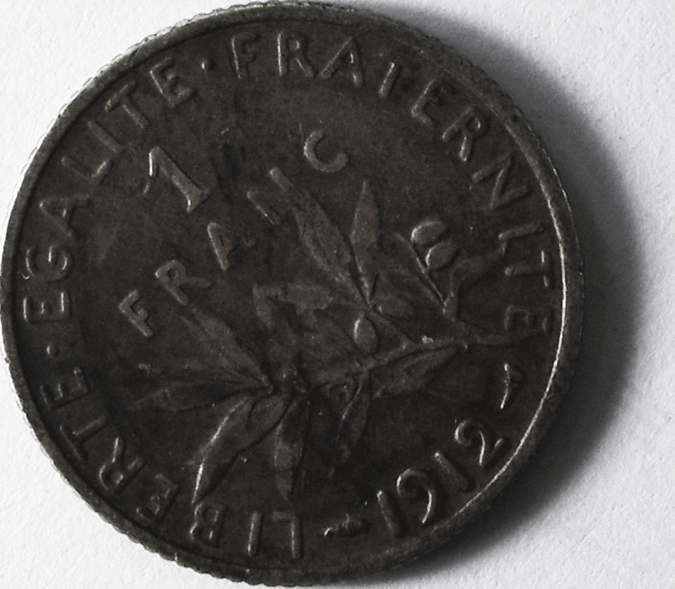 1912 France Silver One Franc Coin KM# 844.1