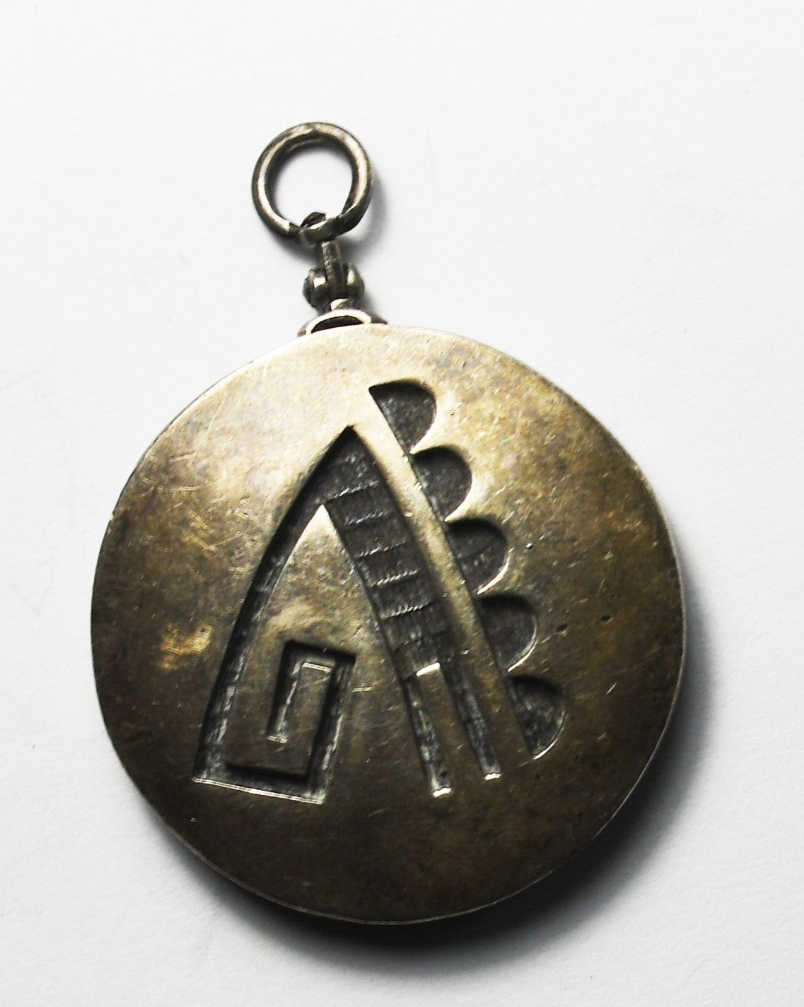 Silver Plate Round Disc Double Sided Trible Pendant 37mm x 27mm