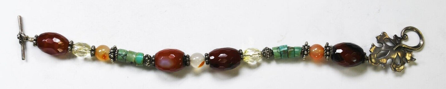 Sterling Silver Leaf Toggle Agate Turquoise Bead Bracelet 12mm 8.5"